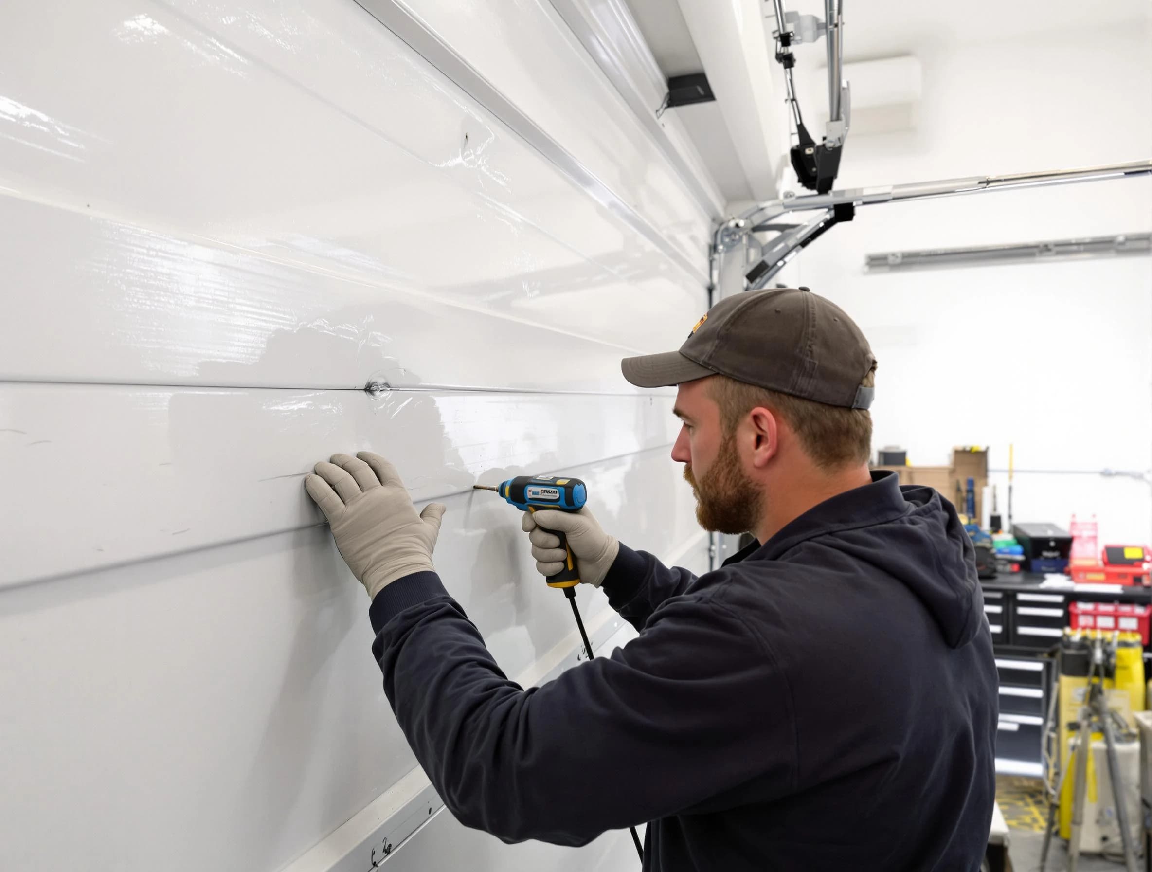 Grayson Valley Garage Door Repair technician demonstrating precision dent removal techniques on a Grayson Valley garage door